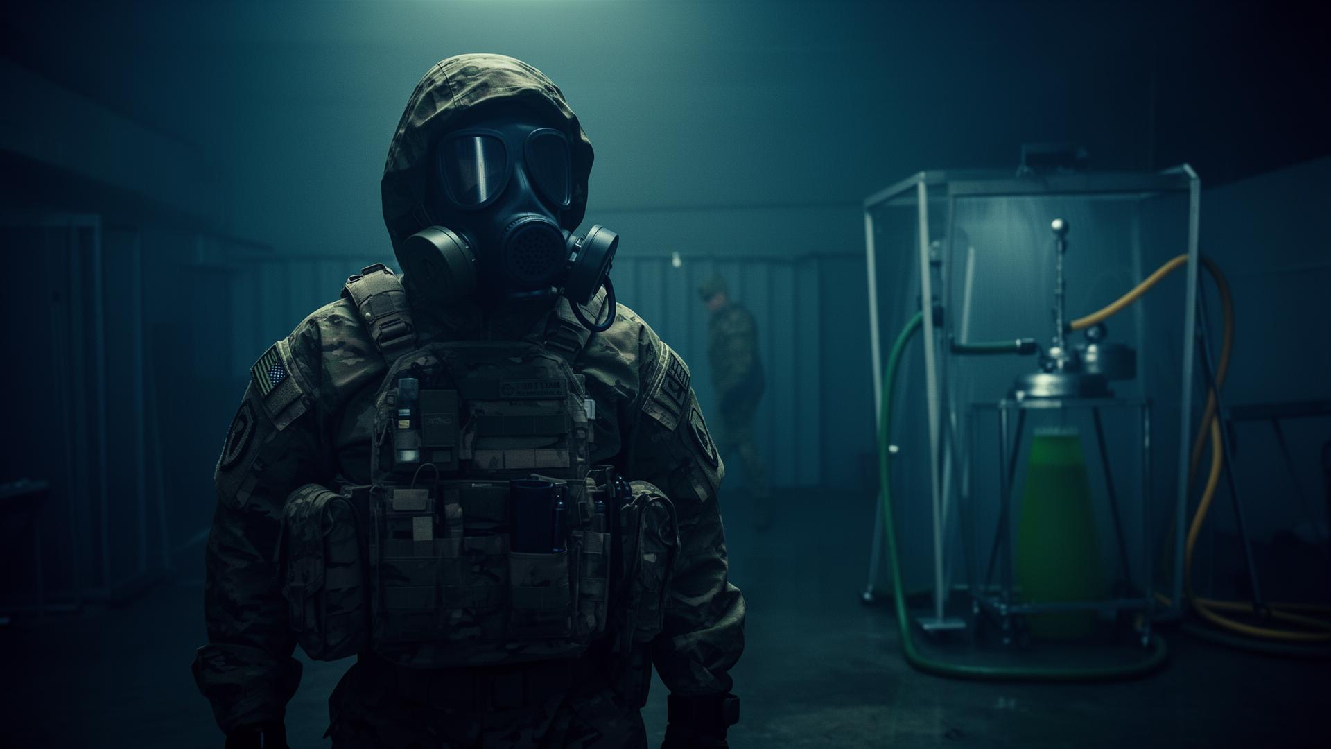 CBRN operator in MOPP gear and gas mask in a training environment