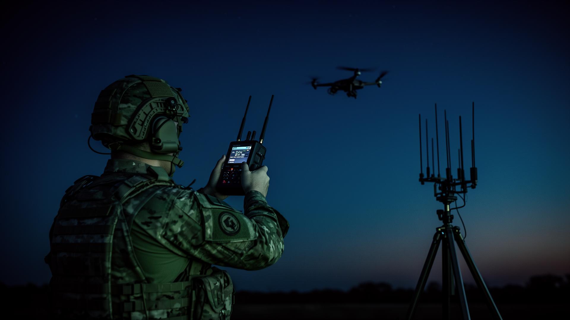 Counter-UAS operator with RF detection equipment tracking a drone at dusk