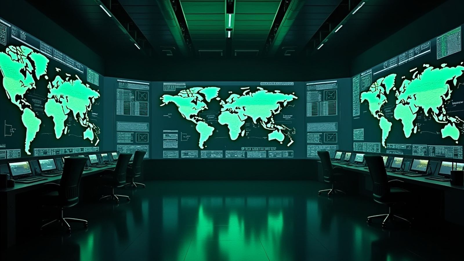 Operations intelligence centre at night with world-map screens